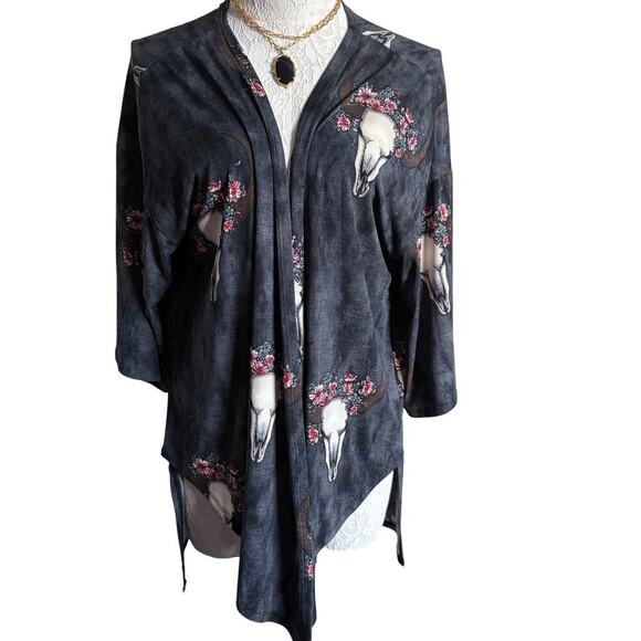 Unknown Tops - Floral Longhorn Skull Print Kimono Cardigan Boho Western Core M Coastal Cowgirl